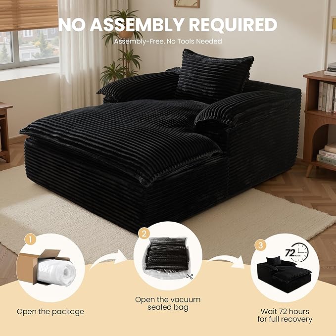Chaise Lounge Chair Indoor Oversized Sleeping Couch 67L *53W Assembly Free Modern Minimalist Sofa With Comfy Curved Armrest Extra Deep Large Single Sofa for Living Room(Black Plush Fabric)