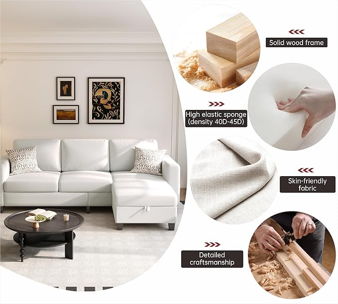 Youmumeub Sectional Couches for Living Room - Convertible Sofa and Storage Bench79''Modern Corner ConfigurationSuitable for Living Room Apartment Bedroom and Office-Beige | Reversible Chaise Wash