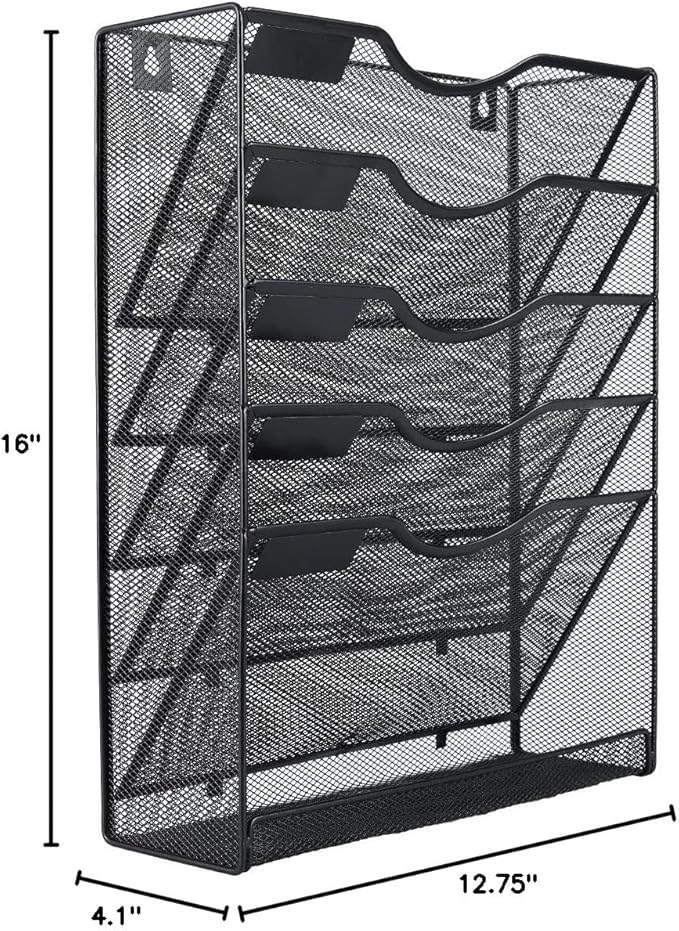 EasyPAG 5 Tier Wall File Holder Mesh Hanging Folder Organizer with Classify Label Versatile Desk File Holder Vertical Wall Mounted Mail Organizer for Office Home Cubicle Black Closed Sides