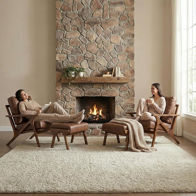 Mid Century Modern Accent Chair with Ottoman Farmhouse PU Upholstered Living Room Armchair and Ottoman Set 23 Seat Wide Retro Leisure Lounge Chair with Wood Frame for Home Bedroom Office Brown