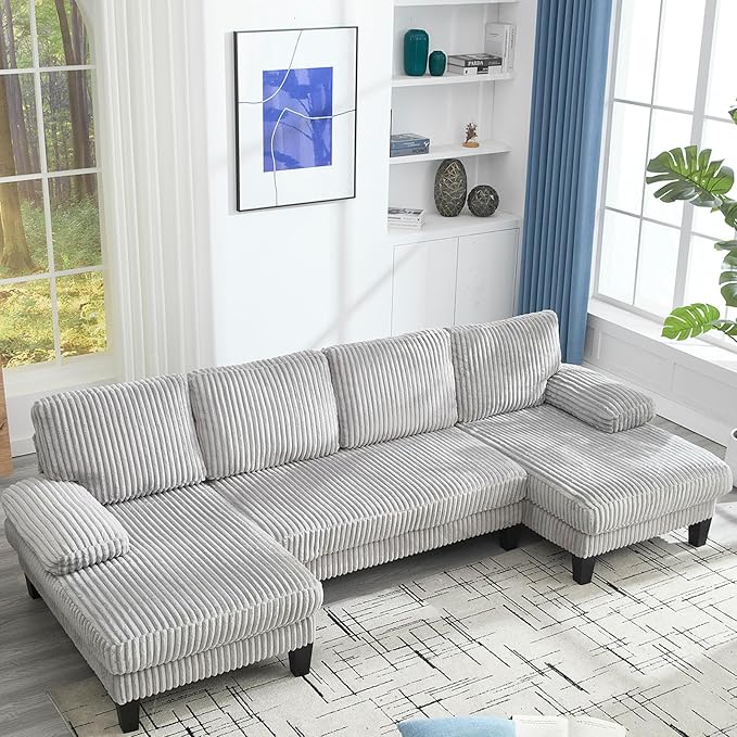 114 Cloud Couch Modular Sectional Sofa Convertible U-Shaped Couch with Double Chaise Lounge Corduroy Upholstery Sofa Double Cushions Deep Seat Sleeper Sofas Couches for Living Room Light Grey