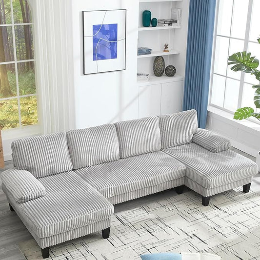 114 Cloud Couch Modular Sectional Sofa Convertible U-Shaped Couch with Double Chaise Lounge Corduroy Upholstery Sofa Double Cushions Deep Seat Sleeper Sofas Couches for Living Room Light Grey