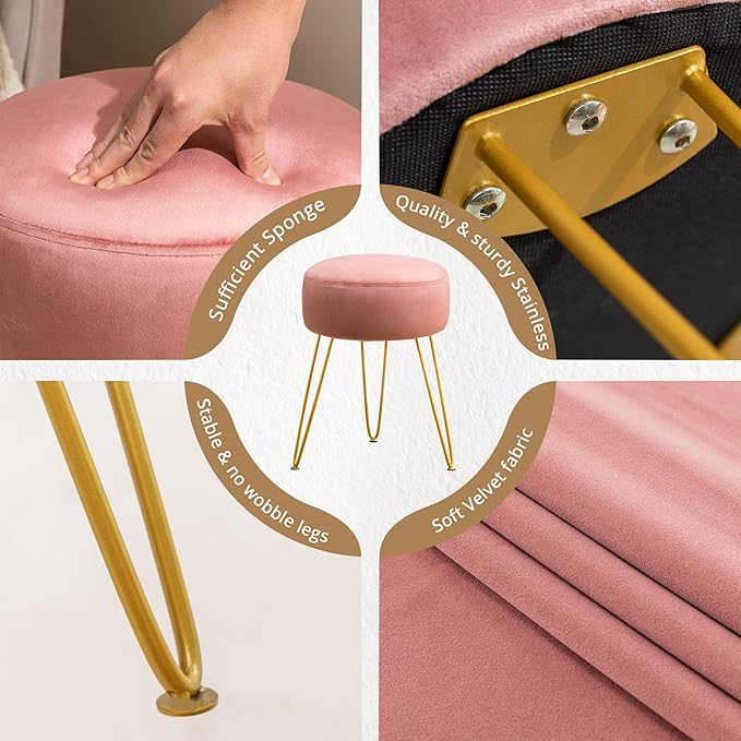 LUE BONA Vanity Stool Pink Vanity Stools for Makeup Room Round Ottoman Foot Stool Velvet Footrest Vanity Chair for Bathroom Vanity Bedroom Living Room Entryway Offices 300lbs