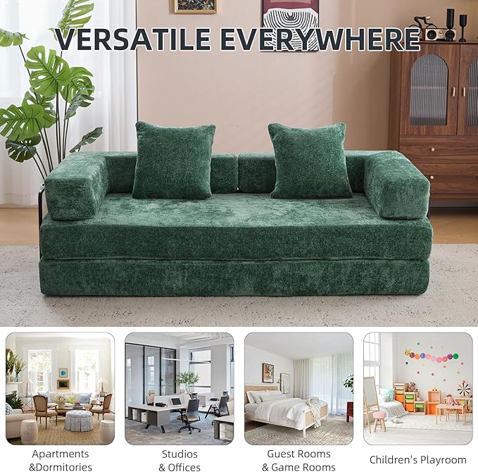 Folding Sofa Bed Convertible Sleeper Sofa Chenille Floor Couch with Pillows Fold Out Couch King Size Bed Futon Foldable Memory Foam Mattress for Living Room Bedroom Playroom (Green)