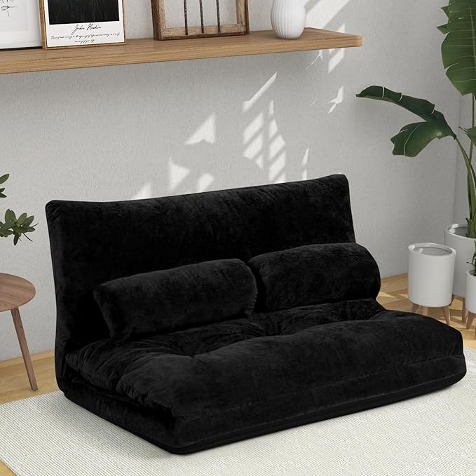 KOMFOTT Foldable Floor Lazy Sofa with 2 Pillows 6-Position Adjustable Reclining Sofa Sleeper Bed Convertible Futon Couch Bed Floor Couch Lounge for Relaxing Reading Playing Gaming (Black)
