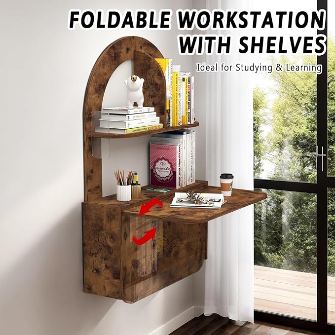 Wall Mounted Drop-Leaf Table Floating Laptop Desk Folding Table with Shelves Multifunctional Computer Workstation Storage Compartments in Home Office for Space Saving (Rustic Brown)
