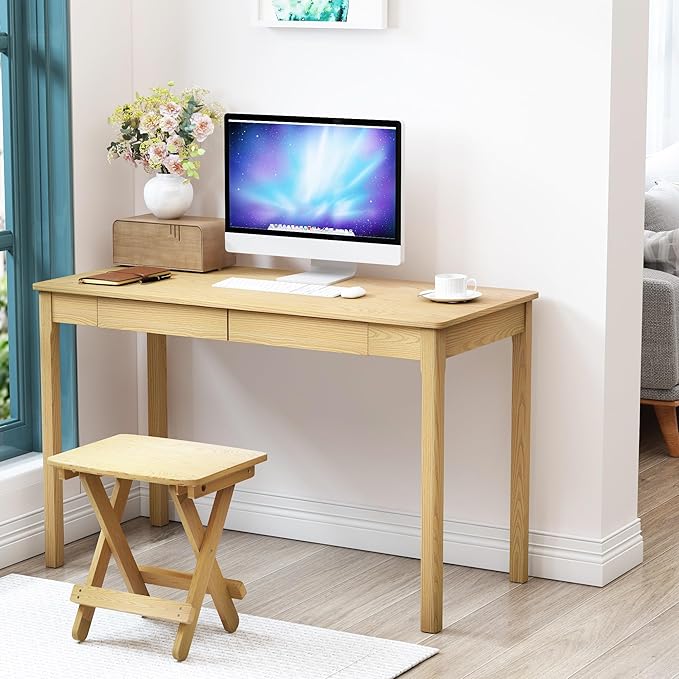 Solid Ash Wood Desk - 47.2 Inch Natural Boho Desks 220LBS Capacity Writing Desk with Drawers Simple Study Table Home Office Desks for Bedroom Living Room &amp Office