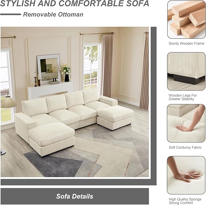 122 Oversized Modular Sectional Sofa Cloud Couch with 2 Ottomans Comfy Corduroy Upholstered Deep Seat Large U Shaped Lounge Sofa&ampCouches with Hidden Arm Storage Box