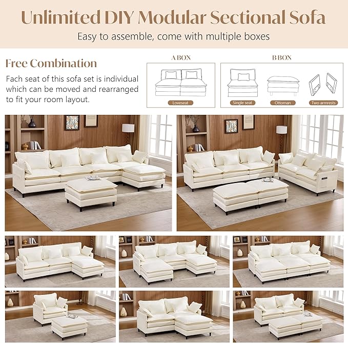 SAMERY 180.6 L Shaped Couch Cloud Sofa Modular Sectional Couch with Large Ottoman 5 Seater Chenille Oversized Deep Seat Sectional Sofa with Pillows for Living Room Bedroom Apartment