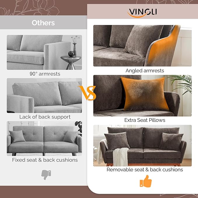VINGLI 63.5 W Comfy Small Upholstery Love Seat Couch with Soild Rubber Wood Frame 2 Seater Mid Century Linen Fabric Loveseat Sofa Mini Couch with Two Pillows for Small Spaces Bedroom Brown