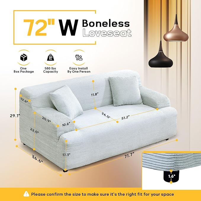 VINGLI 72 w Compressed Love Seat Sofa with Wide Curved Armrests (10.6) Premium Corduroy Couch in a Box Boneless Loveseat for Living Room Easy Assembly Required for Small Spaces Light Blue