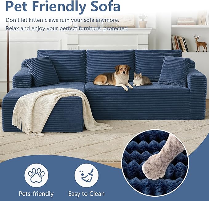KIVENJAJA 103” Corduroy Boneless Couch L-Shaped Sectional Sofa with Left Facing Chaise Cloud Compression Couches for Living Room Apartment Home Office No Assembly Required Navy Blue
