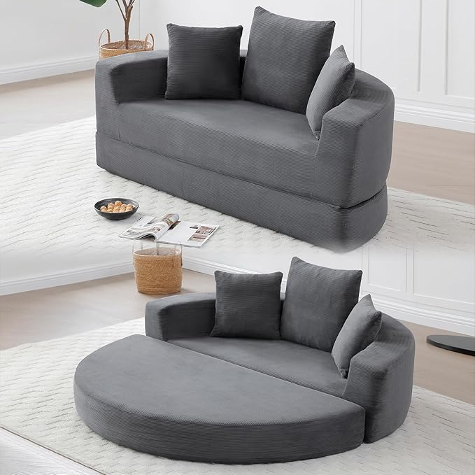 Round Boneless Couch Corduroy Upholstered Folding Convertible Sofa Bed with Pillows 2-in-1 Futon Sofa Bed with Half-Circle Design Comfy Loveseat for Living Room Apartment (Gray)