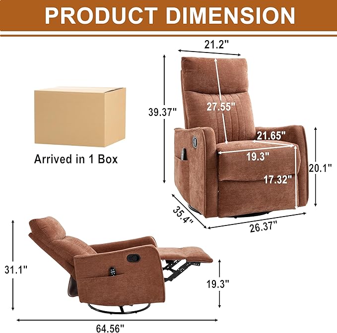 Manual Swivel Rocker Recliner Chair for Adults Overstuffed Nursery Glider Recliner with Vibration Massage and Lumbar Heat Living Room Reclining Chair Fabric Orange