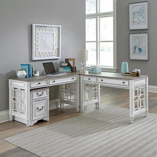 Liberty Furniture Magnolia Manor 4 Piece Opt L Shaped Writing Desk Set Keyboard Tray European Traditional Home Office - Antique White &amp Weathered Bark Oak Wood