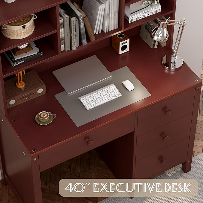 Wooden 40'' Home Office Desks with Bookshelf and Upholstered Chair Versatile Writing Desk Office Study Workstation with 4 Drawers and Storage Shelf for Office Study Room Bedrooms (Espresso-Wood)