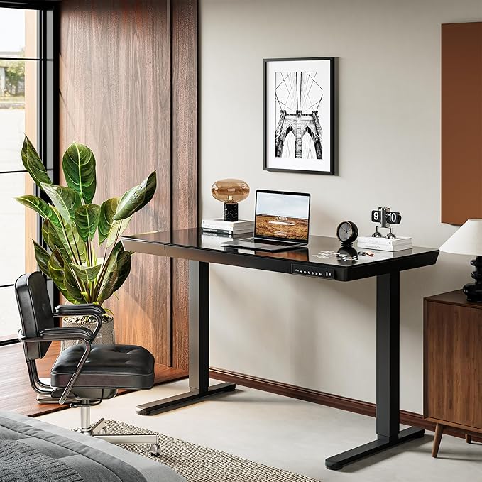 CubiCubi 48 × 24 Electric Standing Desk with Drawers Whole-Piece Glass Adjustable Height Desk One-Piece Quick Install Adjustable Sit Stand Desk Black