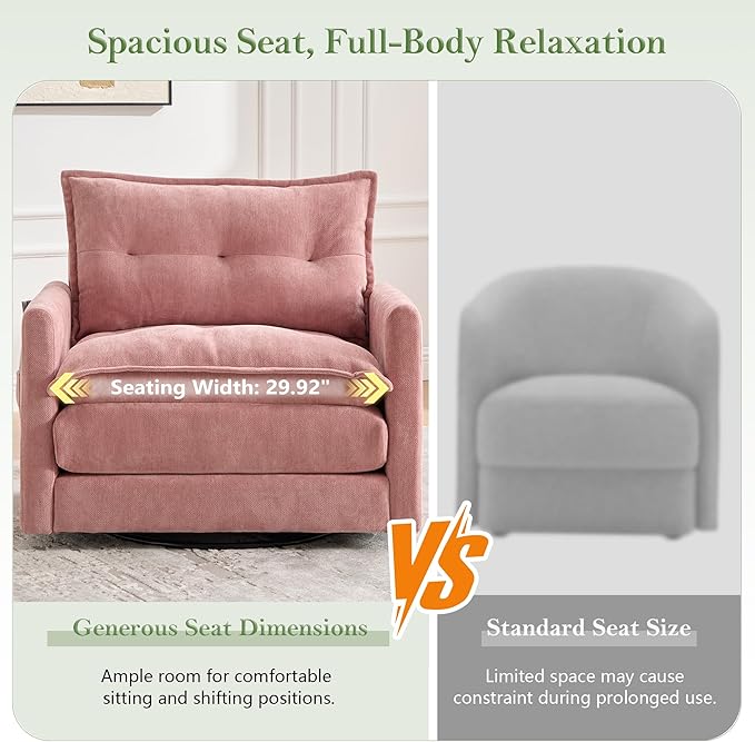 cinkehome Oversized Swivel Chair 36 Swivel Armchair Accent Chair for Living Room Mid Century Modern Thick Padded Arm Chairs Memory Foam Chenille Fabric