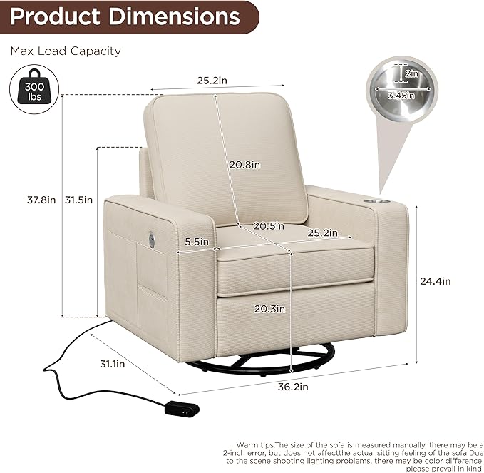 Swivel Square Accent Chair with Wide Armrests360° Rotating Comfy Single Sofa Chairs with USB/Type-CCup Holder &amp Side PocketModern Armchair for Living Room Bedroom Reading Lounge NookBeige Whit