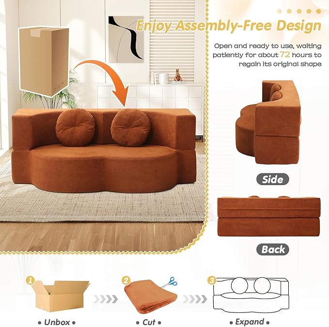 Folding Futon Sofa Bed Modern Convertible Fold Out Chenille Cloud Memory Foam Boneless Floor Lounge Loveseat Sleeper Mattress Sofa Couch with 2 Pillows for Guest Room Living Room Office Orange