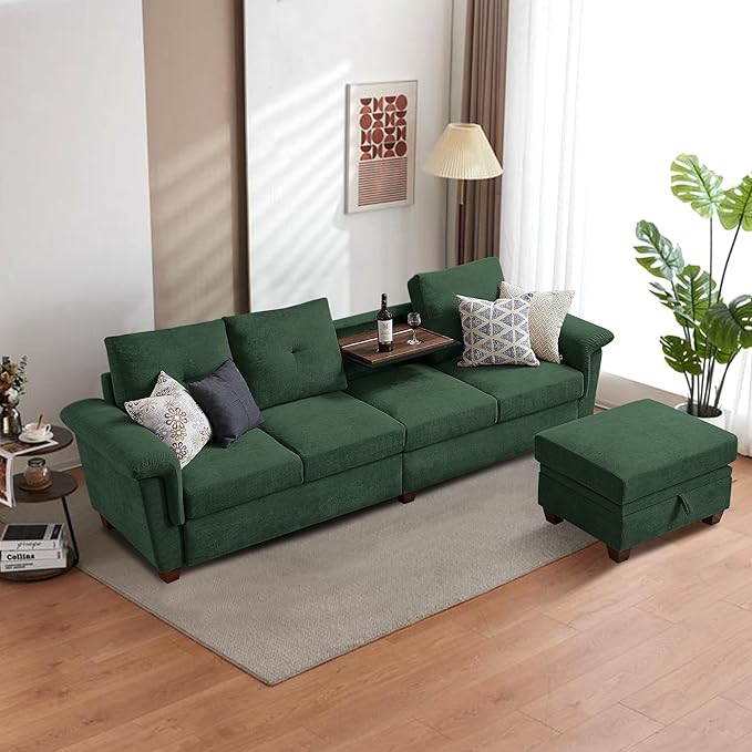 4-Seat Sectional Couches for Living Room Bedroom Office L Shape Convertible Sectional Sofa Couch with Ottoman and Cup Holders Green