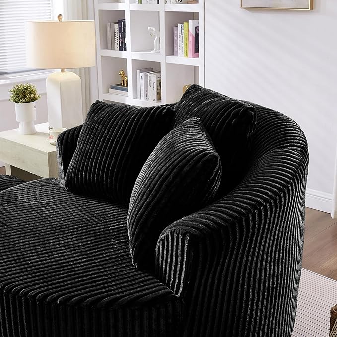 360° Swivel Accent Barrel Chair Corduroy Comfy Round Swivel Chair with Mental Base &amp Pillows Modern Lounge Reading Armchair Upholstered Plush Sofa Chairs for Living Room Bedroom Apartment(Bla