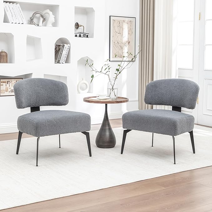 Modern Sherpa Accent Chair Set of 2 Round Boucle Upholstered Barrel Arm Chair for Small Spaces Fluffy Side Corner Sofa Chair for Living Room Bedroom Vanity Office Reading Room(Grey)