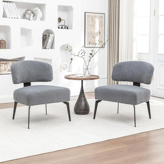 Modern Sherpa Accent Chair Set of 2 Round Boucle Upholstered Barrel Arm Chair for Small Spaces Fluffy Side Corner Sofa Chair for Living Room Bedroom Vanity Office Reading Room(Grey)