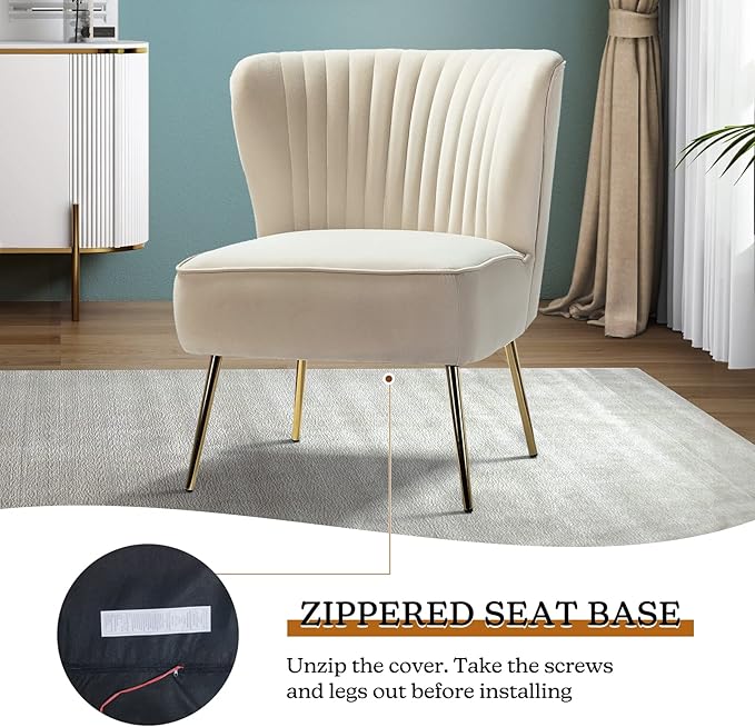 HULALA HOME Velvet Accent Chair Modern Upholstered Cute Side Chair with Gold Metal Legs Armless Wingback Slipper Chair Comfy Living Room Chair for Bedroom Guest Room Vanity TAN