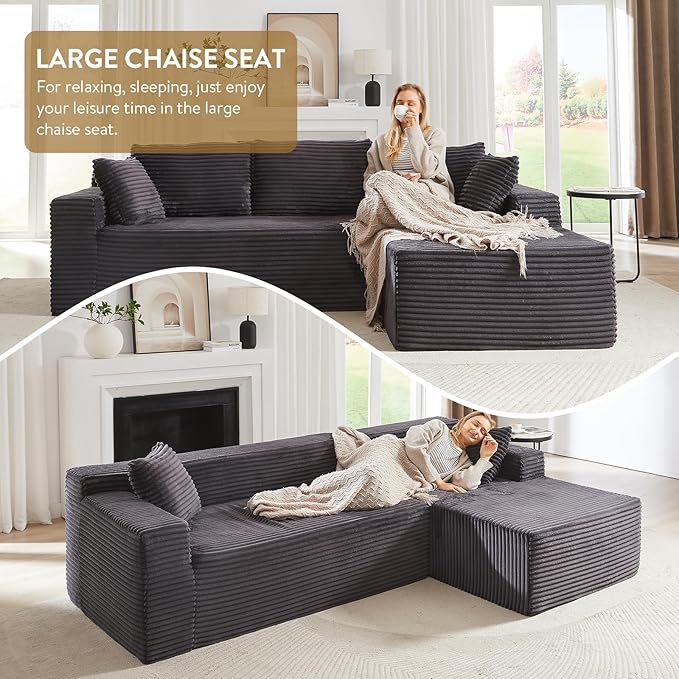 Cloud Sectional Couch with L-Shape Chaise 105 Modern Minimalist Modular Sectional Sofa Fluffy Corduroy Upholstered Couches for Living Room No Assembly Required (Dark Grey)
