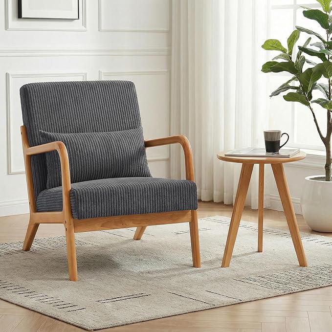 Accent Chair with Side Table Comfy Arm Chair with Solid Wood Frame Upholstered Mid-Century Modern Chair for Living Room Bedroom Waiting Room Gray
