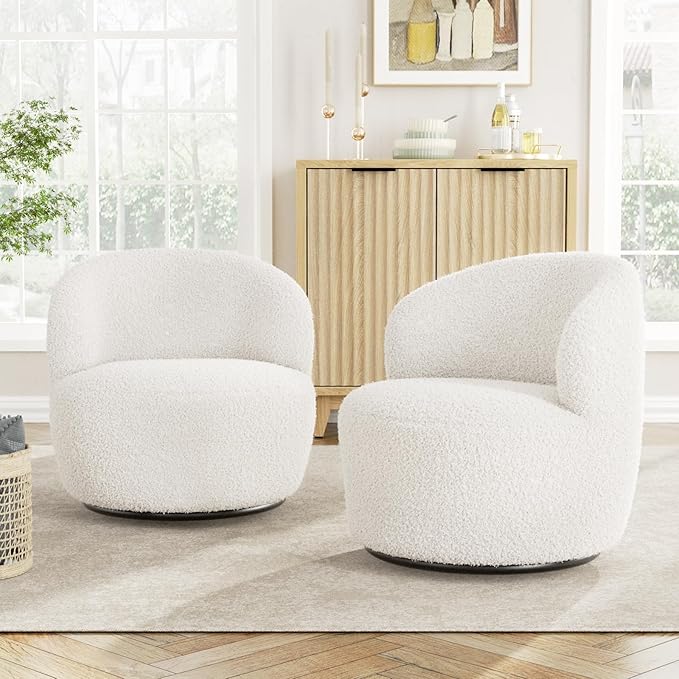 Swivel Accent Chair Set of 2 360° Small Round Barrel Chairs Modern Cozy Sherpa Padded Armchair for Living Room Bedroom Waiting Room Office White
