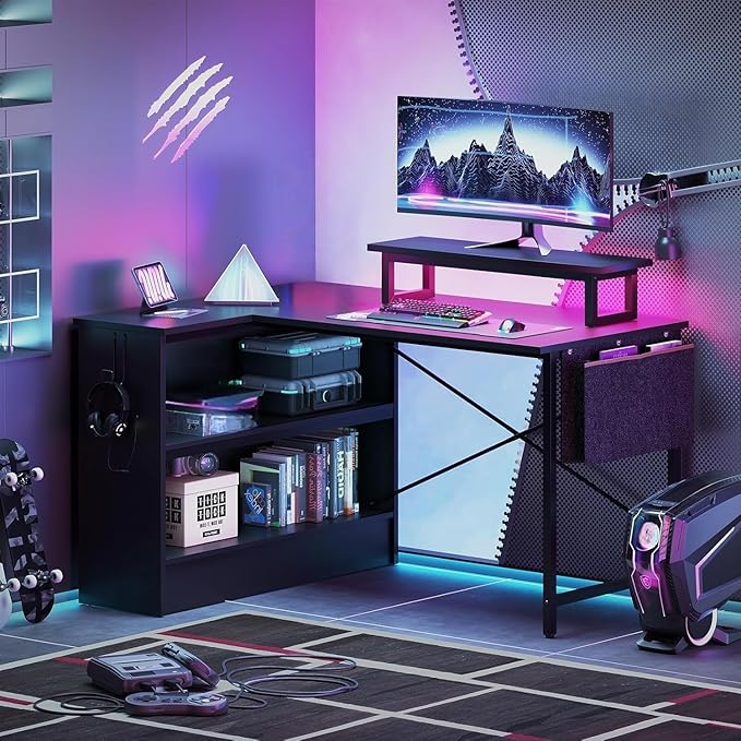 Bestier Small L Shaped Desk with LED Lights 42 Reversible Computer Desk with Open Storage Cabinet &amp Monitor Stand Corner Desk with Side Storage Bag for Home Office Bedroom Black