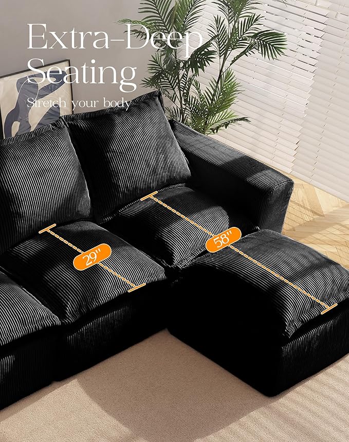 107 Comfy Cloud Couch with L-Shape Chaise &amp Deep Seat Modular Sectional Sofa in a Box Boneless Upholstered Couches for Living Room No Assembly Required (Soft Corduroy Black)