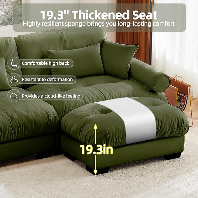 Loveseat Sofa 93.7 Modular Sectional Sofa 2 Seater Modern Cloud Couch Oversized Sectional Couches for Living Room Comfy Velvet Sofas Deep Seat Couch with 4 Pillows for Apartment Green