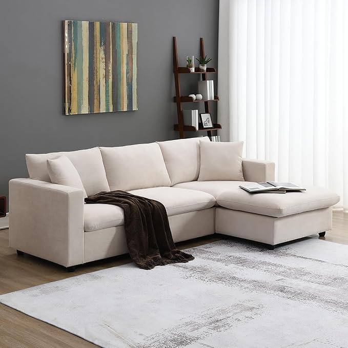 100.4 Modern Sectional Sofa with Ottoman - 3-Seat L-Shape Sofa Upholstered Fabric Couch Set for Living Room Apartment Office - Beige