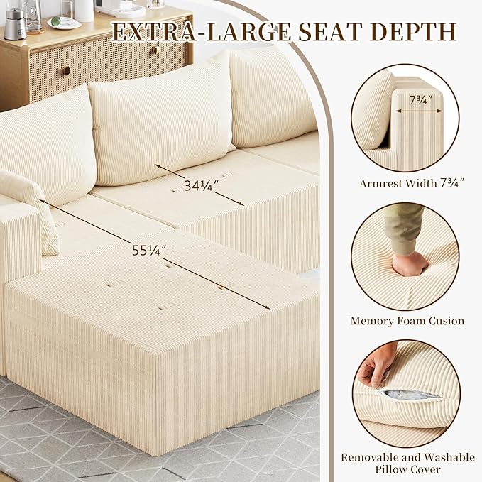 Boneless Cloud Couch with Movable Chaise Ottoman Moudular Sleeper Couch Dual-Core Support Spring &amp High-Resilience Foam 105 Corduroy Couch for Living Room No Assembly Beige