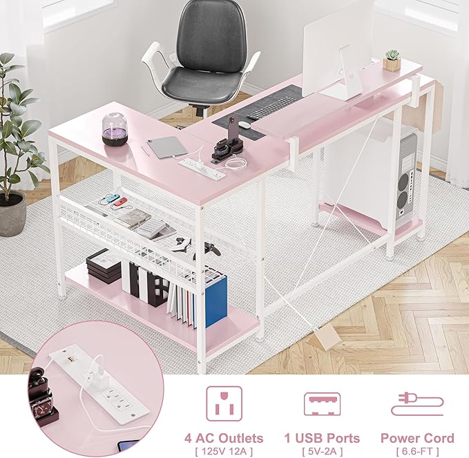 Jojoka L Shaped Computer Desk with Power Outlets &amp LED Light 49.6 Reversible Corner Computer Desk with Storage Shelves &amp Monitor Stand Home Office Desk Gaming Desk Writing Desk (Pink)