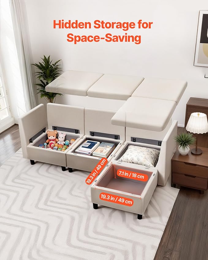 VEVOR Modular Sectional Sofa 3-Seater Modular Sofa with Hidden Storage Customizable Cloud Sectional Couch with Ottoman Solid Wood Frame Upholstered Couch for Living Room Bedroom Beige
