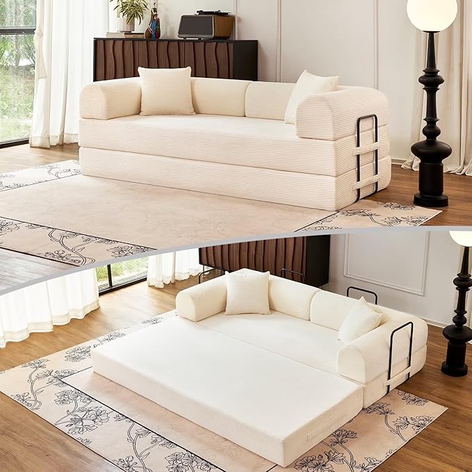 2026 Upgrade Convertible Sofa Bed 79 Inch Boneless Couch with Fixed-Shape Frame Corduroy Fabric with High Backrest Floor Sofa Modular Futon Couch for Living Room Bedroom Lounge (White) | High Backr