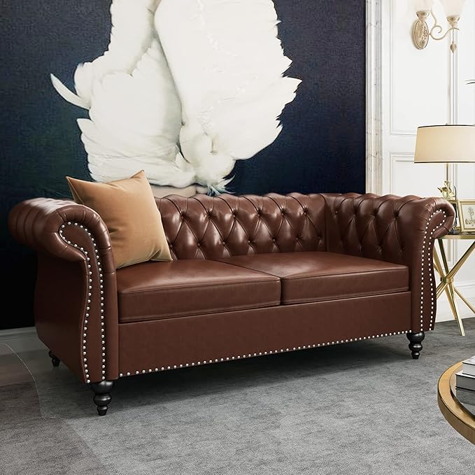 Chesterfield Loveseat Modern Faux Leather Sofa Tufted Couch 2 Seater with Rolled Arms and Nailhead for Living Room Bedroom Office Apartment (Dark Brown)