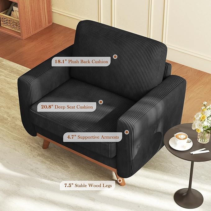 38.5 Black Corduroy Accent Chair Comfy Deep Seat Armchair with Spring Cushion Modern Reading Sofa for Living Room Bedroom