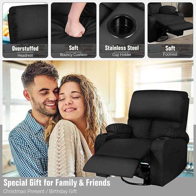 LEVELEVE Rocking Recliner Chair Massage Chair with Vibration Massage and Heat 360° Swivel Faux Leather Chairs Living Room Bedroom Nursery RV Black