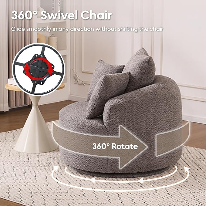 Yoglad 38.58'' Swivel Round Chair Comfy Boucle 360° Accent Chair with Thick Cushion Oversized Modern Single Sofa with 3 Pillows Soft Armchair for Nursery Living Room Bedroom Office (Grey)