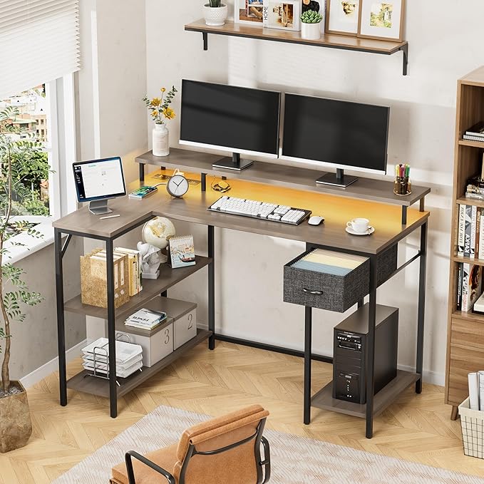 Homall L Shaped Gaming Desk with LED Lights &amp Power Outlets Reversible Computer Desk with Shelves &amp Drawer 47’’ Corner Desk Table with Monitor Stand Home Office Study Writing Table (Grey)