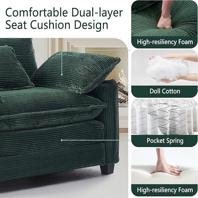 Oversized Chair with Ottoman Modern Corduroy Sofa Bed Single Sofa Chaise Large Upholstered Sofa for Living Room Bedroom (Green)