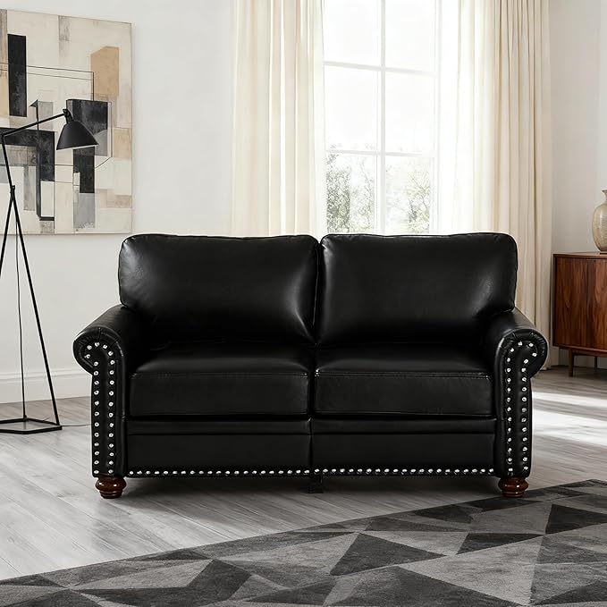 Loveseat Velvet Fabric Two- Seater Couch Buckle Design and Rivet Decoration Deep Seated Double Sofa Suitable for Living Room Bedroom Apartment Hotel etc (black-07)