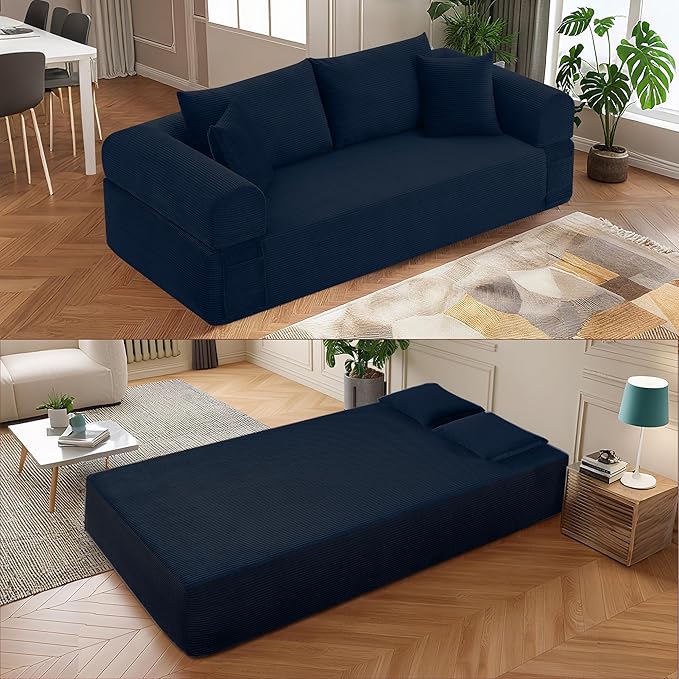 83 Modern Sofa in a Box No Assembly Oversized 3 Seater 28 Deep Seat Cloud Sofa Bed Couch with 4 Furry Pillows &amp Corduroy Fabric Boneless Couch with Side Storage Pockets for Living Room Navy B
