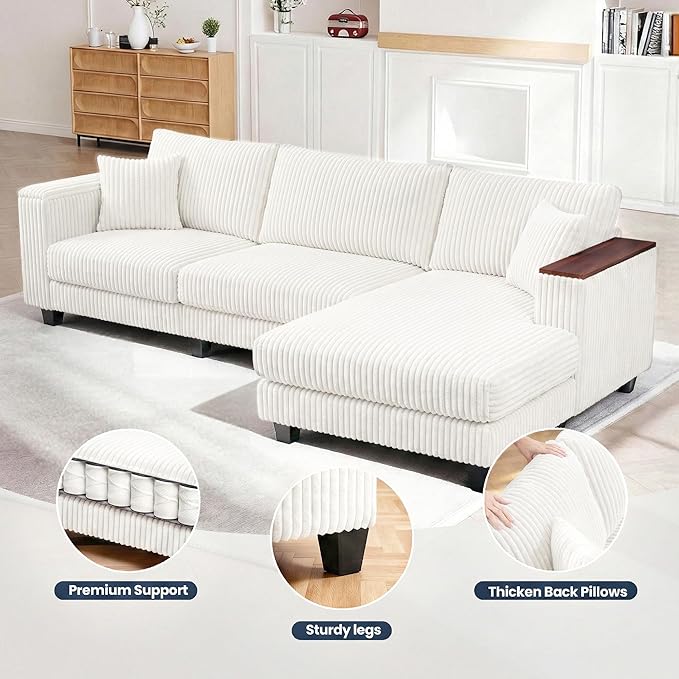 114 Cloud Sectional Couch with L-Shape Reversible Chaise Modern Corduroy L Shaped Couch with 2 Pillows &amp Storage Armrests 4 Seater Sectional Couches for Living Room Plush Corduroy White