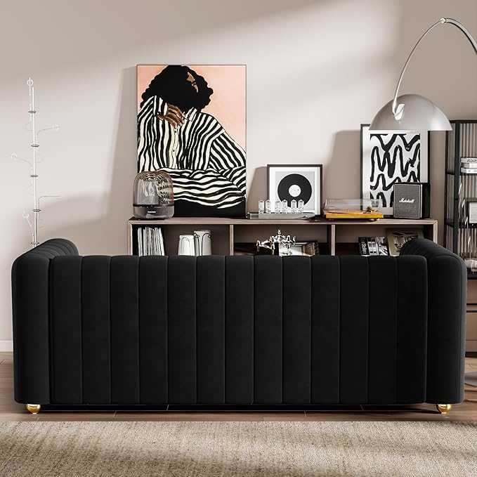 81.3'' Black Velvet Sofa Couch with Gold Metal Ball Legs Modern Mid Century Oversized 3-Seater Loveseat Comfy Couches for Living Room Office and Apartment